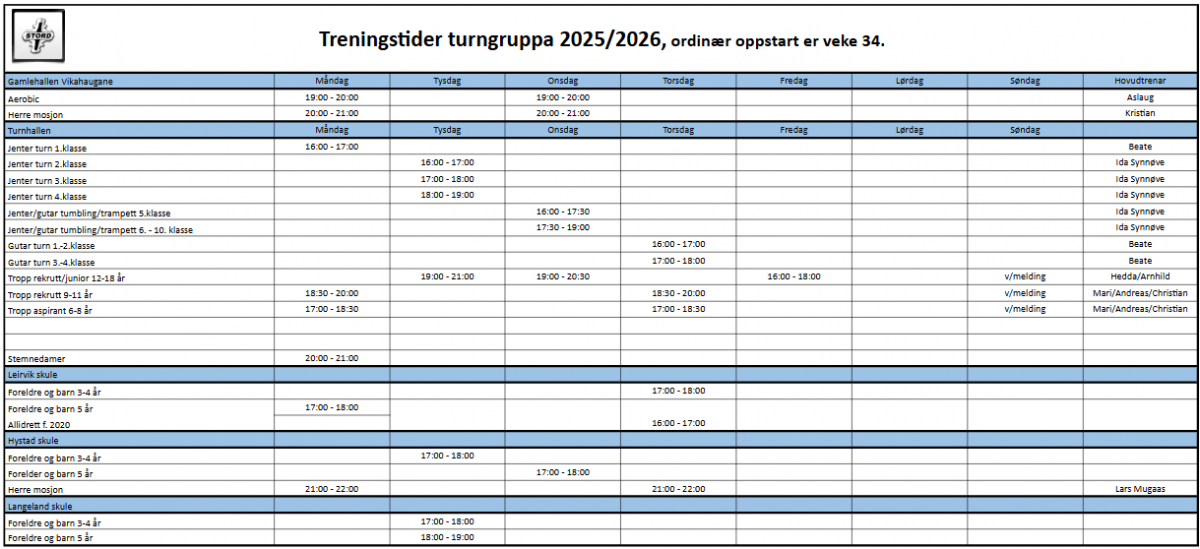 Treningstid stord turn 2025/2026